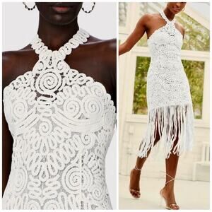Jonathan Simkhai White Alisa Lace Fringe Halter Bridal Midi Dress Size 6